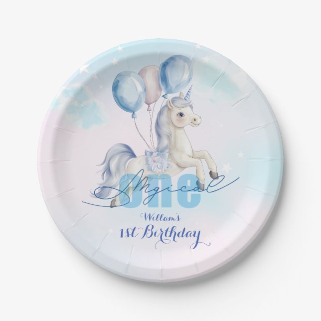 Plato De Papel Cumpleaños mágico de unicornio 1er año (Anverso)