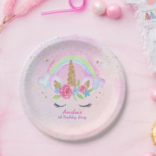 Plato De Papel Cumpleaños mágico de Unicornio con arcoiris