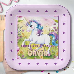 Plato De Papel Cumpleaños Mágico de Unicornio Personalizado
