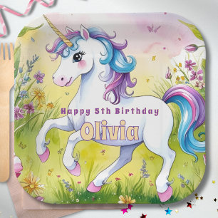 Plato De Papel Cumpleaños Mágico de Unicornio Personalizado