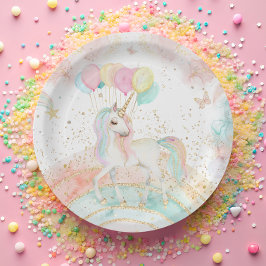 Plato De Papel Cumpleaños mágico del arcoiris de Unicornio