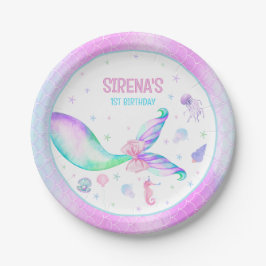 Plato De Papel Cumpleaños mágico morado rosado de la sirena