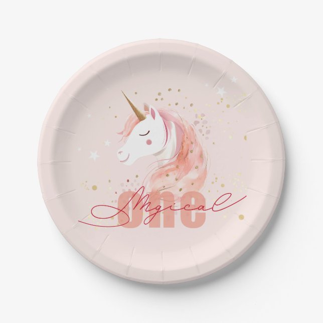 Plato De Papel Cumpleaños Mágico Unicornio Primero (Anverso)