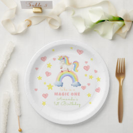 Plato De Papel Cumpleaños Mágico Uno Primero de Unicornio Arcoíri