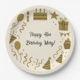 Plato De Papel Cumpleaños Marfil Cálido Dorado Lujoso Personaliza