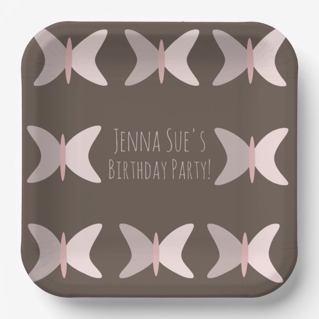 Plato De Papel Cumpleaños Mariposa Bohemio Rosa Pastel   (Anverso)