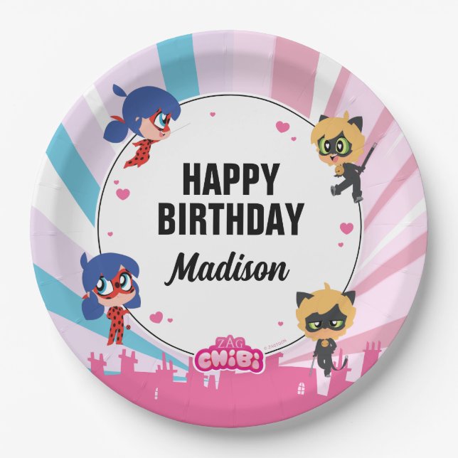 Plato De Papel Cumpleaños milagroso de Ladybug y Cat Noir (Anverso)