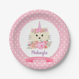 Plato De Papel Cumpleaños mítico del gato Girly Unicorn Caticor