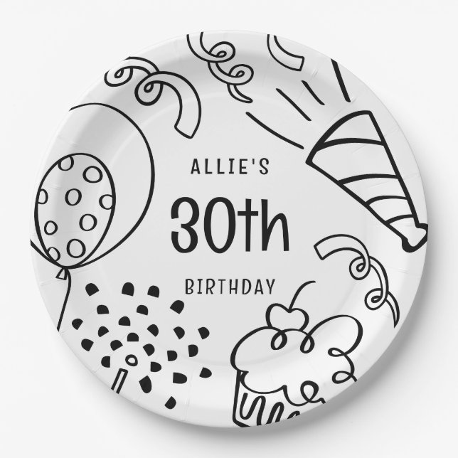 Plato De Papel Cumpleaños moderno dibujado a mano Cualquier edad  (Anverso)