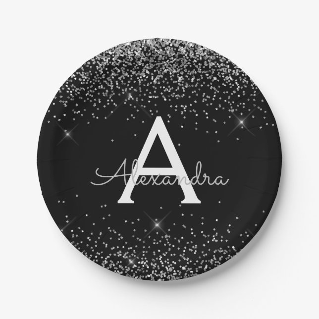 Plato De Papel Cumpleaños Monograma Brillo Glitter Plata Negro (Anverso)
