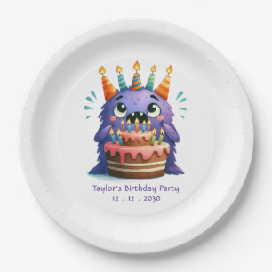 Plato De Papel Cumpleaños Monstruo Nombre Personalizado