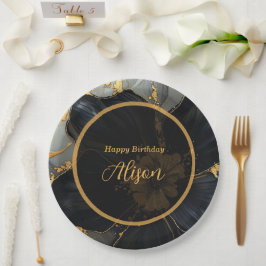 Plato De Papel Cumpleaños negro mármol y dorado