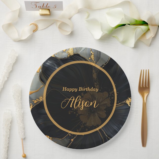 Plato De Papel Cumpleaños negro mármol y dorado (Boda)