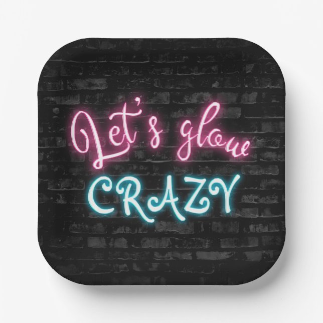 Plato De Papel Cumpleaños Neon Glow Rótulo en ladrillo (Anverso)