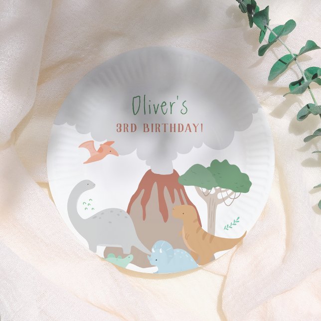 Plato De Papel Cumpleaños Niño Dinosaurio Volcán (Subido por el creador)