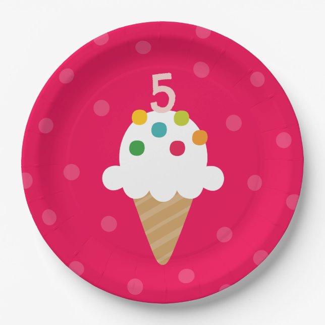 Plato De Papel Cumpleaños Niño Edad Cono de Helado Fiesta (Anverso)