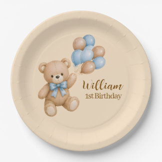 Plato De Papel Cumpleaños Niño Oso de Peluche Nombre Personalizad