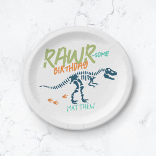Plato De Papel Cumpleaños Niños T-Rex Dinosaurio Azul Lindo Excav