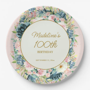 Plato De Papel Cumpleaños número 100 con flores botánicas vintage