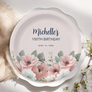 Plato De Papel  Cumpleaños número 100 de flores acuarela rosadas 