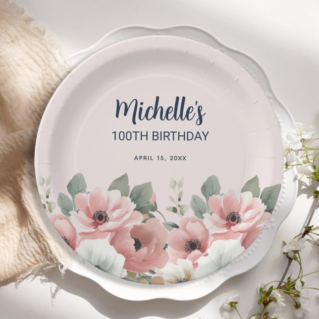 Plato De Papel  Cumpleaños número 100 de flores acuarela rosadas  (Pink and white watercolor floral birthday party paper plate)