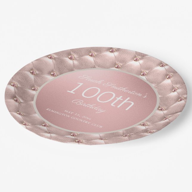 Plato De Papel Cumpleaños número 100 Rosa Oro Elegante (Angular)