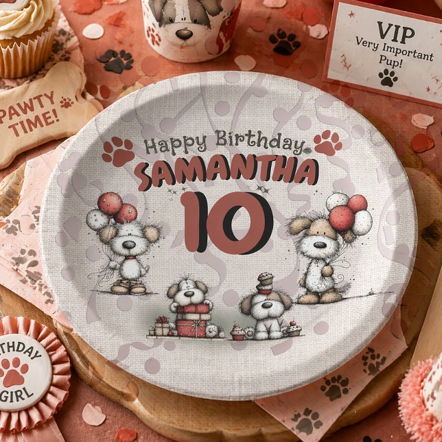 Plato De Papel Cumpleaños número 10 de niña rústica con cachorrit (Cute puppy dog 10th birthday party paper plates)