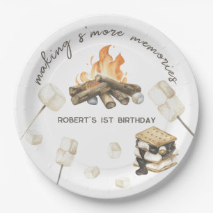 Plato De Papel Cumpleaños número 1 de Watercolor S'more Campfire