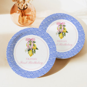 Plato De Papel Cumpleaños número 1 elegante con lazo rosa y limón