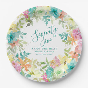Plato De Papel Cumpleaños número 75 Verano Acuarela Floral Person