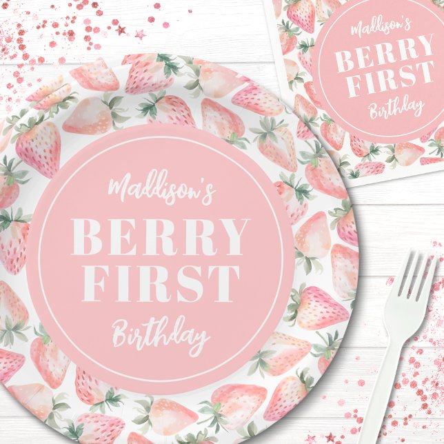 Plato De Papel Cumpleaños número uno de Fresa y Bayita (Strawberry Berry First 1st Birthday Party Paper Plates)