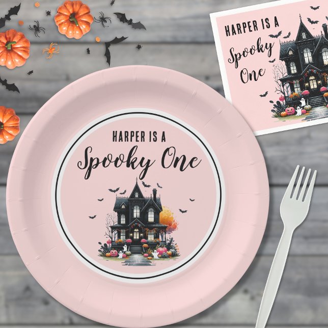 Plato De Papel Cumpleaños número uno de Spooky One con temática d (Spooky One Pink Halloween 1st Birthday Party Paper Plates )
