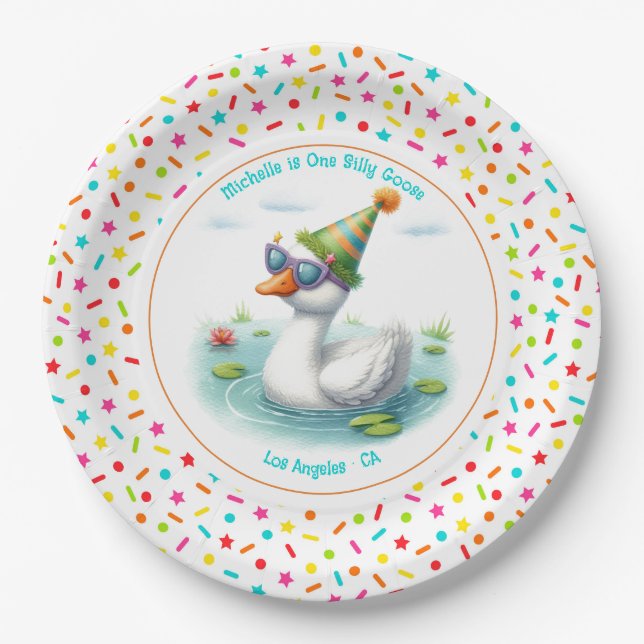 Plato De Papel Cumpleaños número uno de Un Ganso Tonto (Anverso)