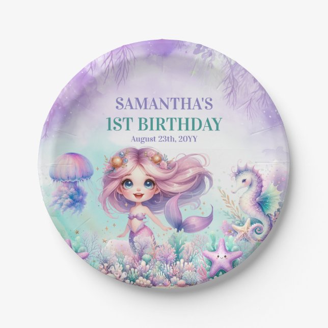 Plato De Papel Cumpleaños número uno de verano de sirena morada y (Anverso)