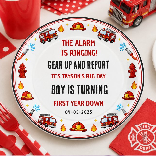 Plato De Papel Cumpleaños número uno del camión de bomberos rojo  (Red and White Firetruck 1st Birthday Party paper plate)