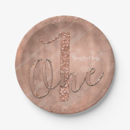 Plato De Papel Cumpleaños número UNO Falso Oro Rosa Brillante Fie