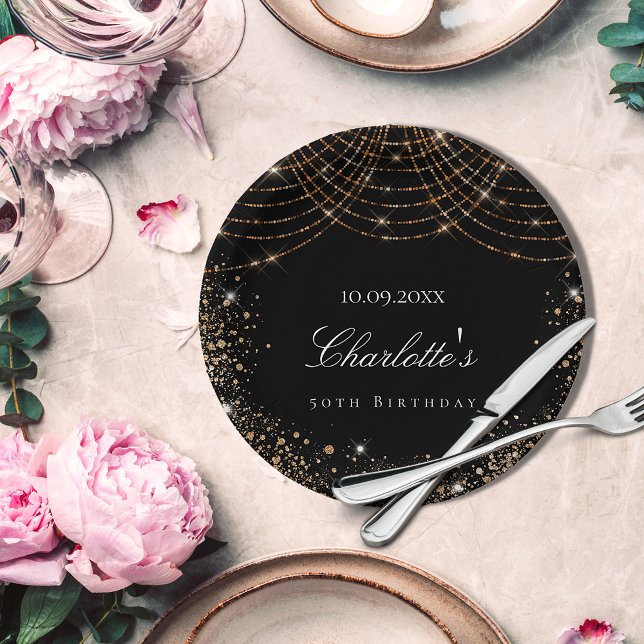 Plato De Papel Cumpleaños oro negro purpurina polvo nombre elegan (Subido por el creador)