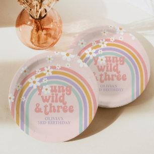Plato De Papel Cumpleaños pastel arcoíris joven Wild tres 3