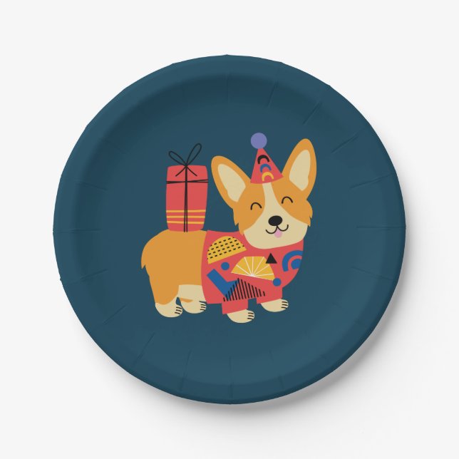Plato De Papel Cumpleaños Pembroke Welsh Corgi (Anverso)