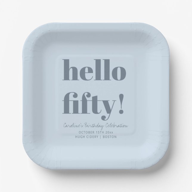Plato De Papel Cumpleaños personalizado 50 Moderno Azul Suave y N (Anverso)