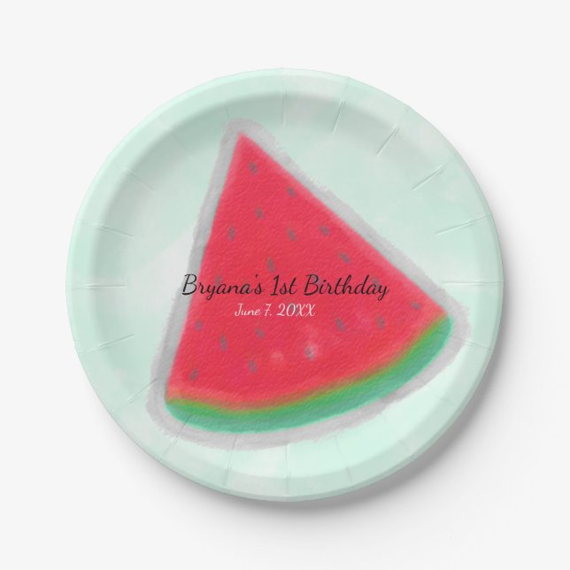 Plato De Papel Cumpleaños Personalizado Acuarela Sandía (Anverso)