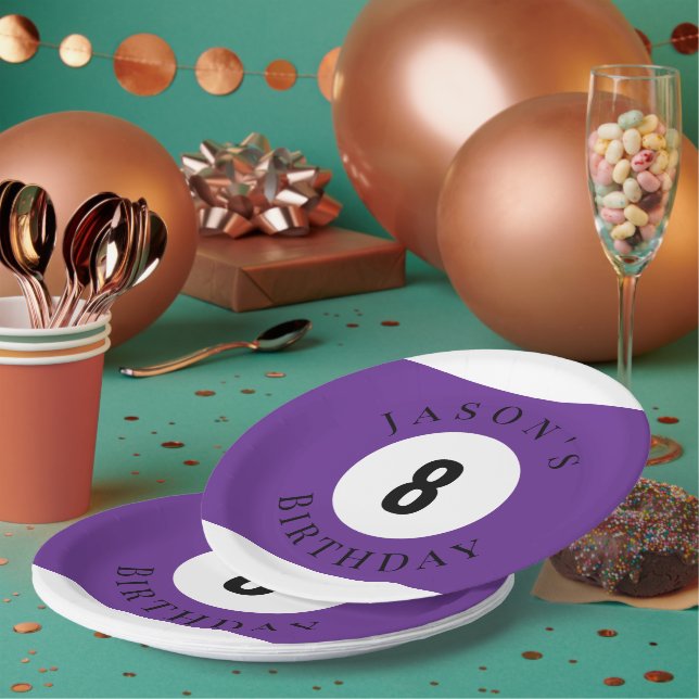 Plato De Papel Cumpleaños Personalizado Bola de Billar Morada (Multi)