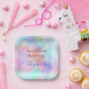 Plato De Papel Cumpleaños personalizado con arcoíris pastel en ac