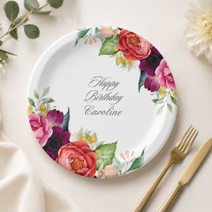 Plato De Papel Cumpleaños personalizado con flores rústicas
