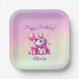 Plato De Papel Cumpleaños Personalizado con Nombre Ombre Unicorni