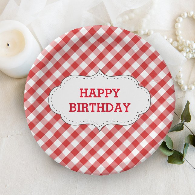 Plato De Papel Cumpleaños Personalizado con Patrón de Cuadros Roj (Subido por el creador)