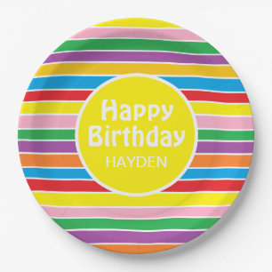 Plato De Papel Cumpleaños Personalizado con Rayas de Arcoíris de
