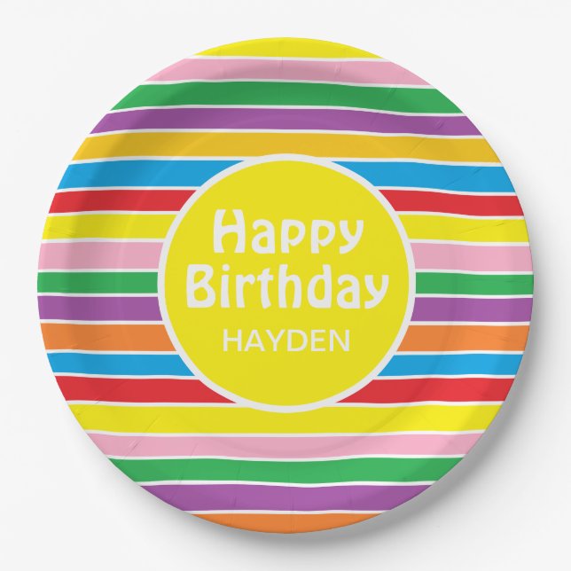 Plato De Papel Cumpleaños Personalizado con Rayas de Arcoíris de  (Anverso)