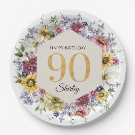 Plato De Papel Cumpleaños personalizado de 90 años con flores sil