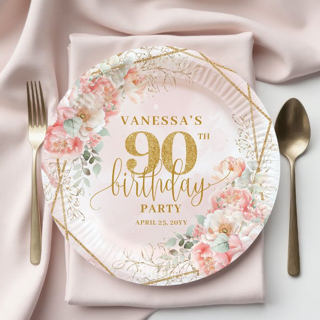 Plato De Papel Cumpleaños personalizado de 90 años con marco dora (Blush Floral Gold Frame Personalized 90th Birthday Plate)